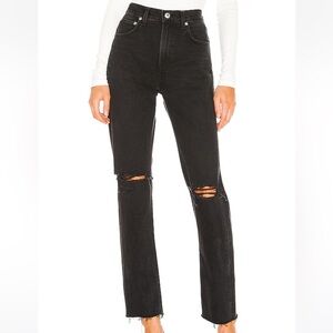 Agolde Black Straight Leg Jeans with Knee Rips